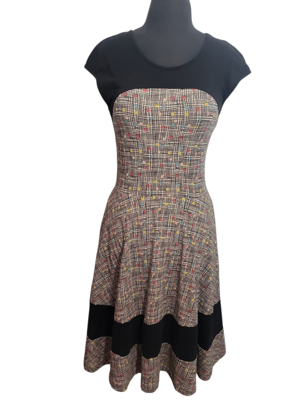 Effie's Heart mixed print fit flare cap sleeve dress size small polka dot